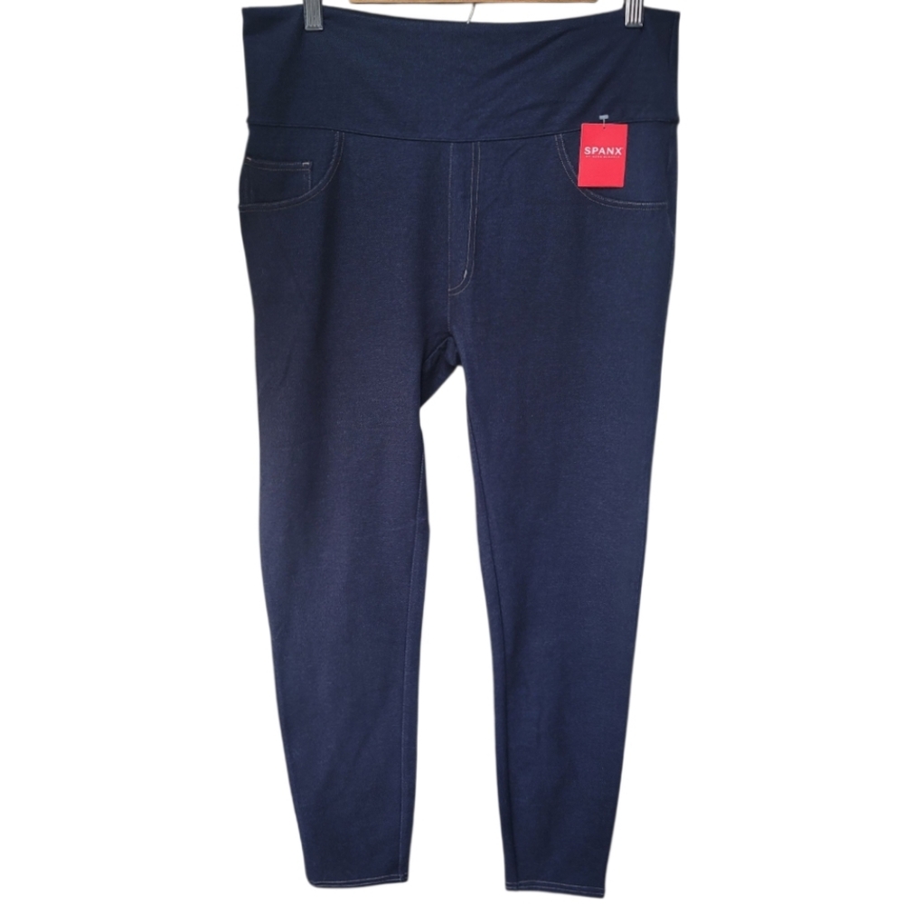 Spanx Jeanish Ankle Leggings Dark Wash Blue Denim Pull On Size 1X NWT